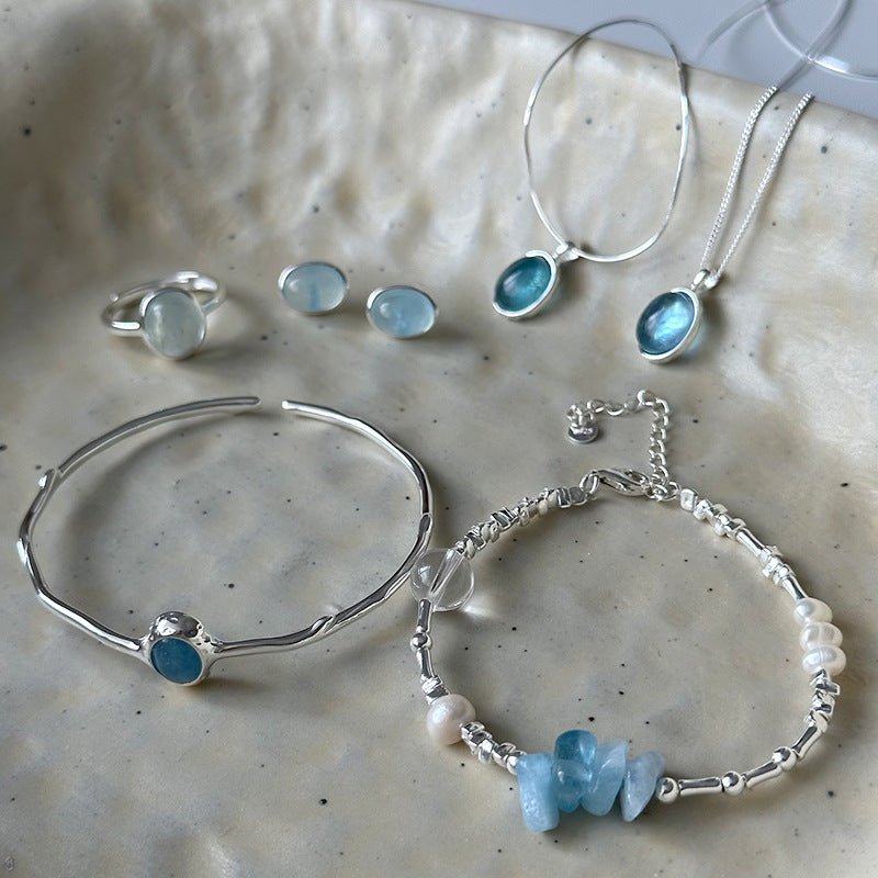 "Aquamarine Silver Necklace Bracelet Set - Women's Natural Stone Inlaid Jewelry USA" - touchydesign