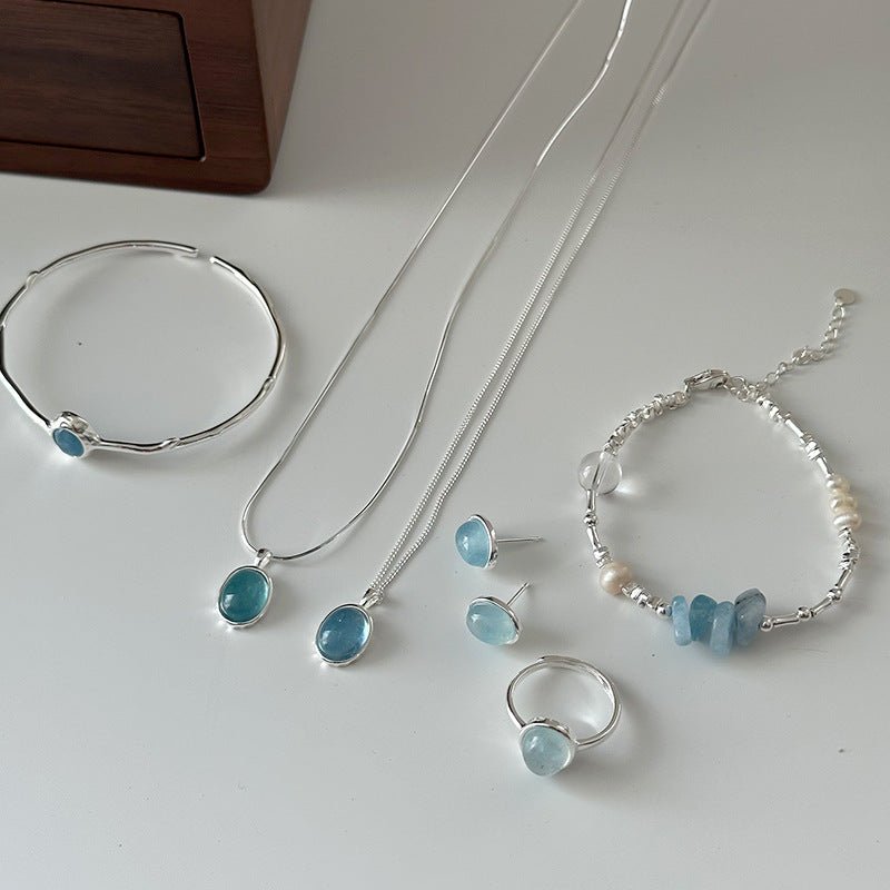 "Aquamarine Silver Necklace Bracelet Set - Women's Natural Stone Inlaid Jewelry USA" - touchydesign