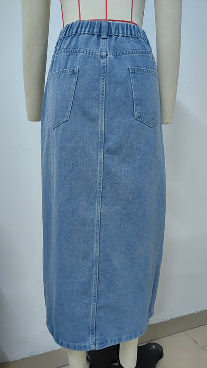 Women's Summer Washed Denim Elastic Waist Denim Skirt touchydesign