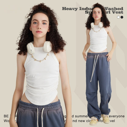 European And American Style Washed Short Pleated I-shaped Vest