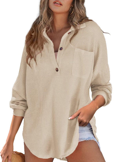 Women's waffle knit long sleeve top - loose fit for a chill, casual style. Cozy and comfortable oversized shirt perfect for relaxed wear