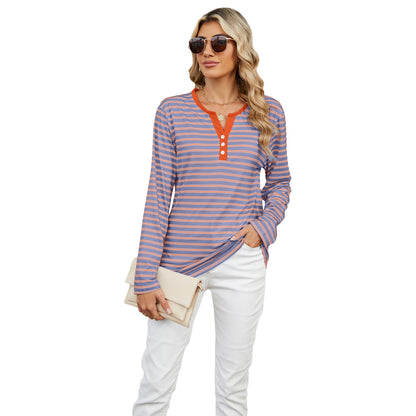 Women's V-neck striped long-sleeve T-shirt with a loose fit. Casual and comfortable top for everyday wear."