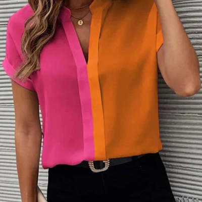 Women's Summer V-neck Color-block Short-sleeved Shirt