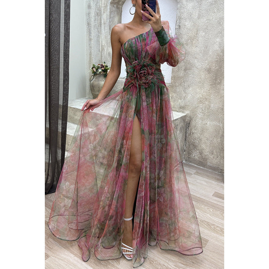 Mesh Tie-dye Printed Off-shoulder Slit Dress Summer INS Fashion Long Dress Party Womens Clothing touchydesign