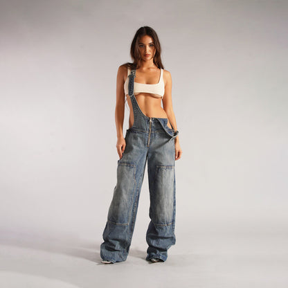 Y2K Denim Overalls for Women - Fashion Loose Jumpsuit with Pockets | Streetwear Zipper Jeans Pants"