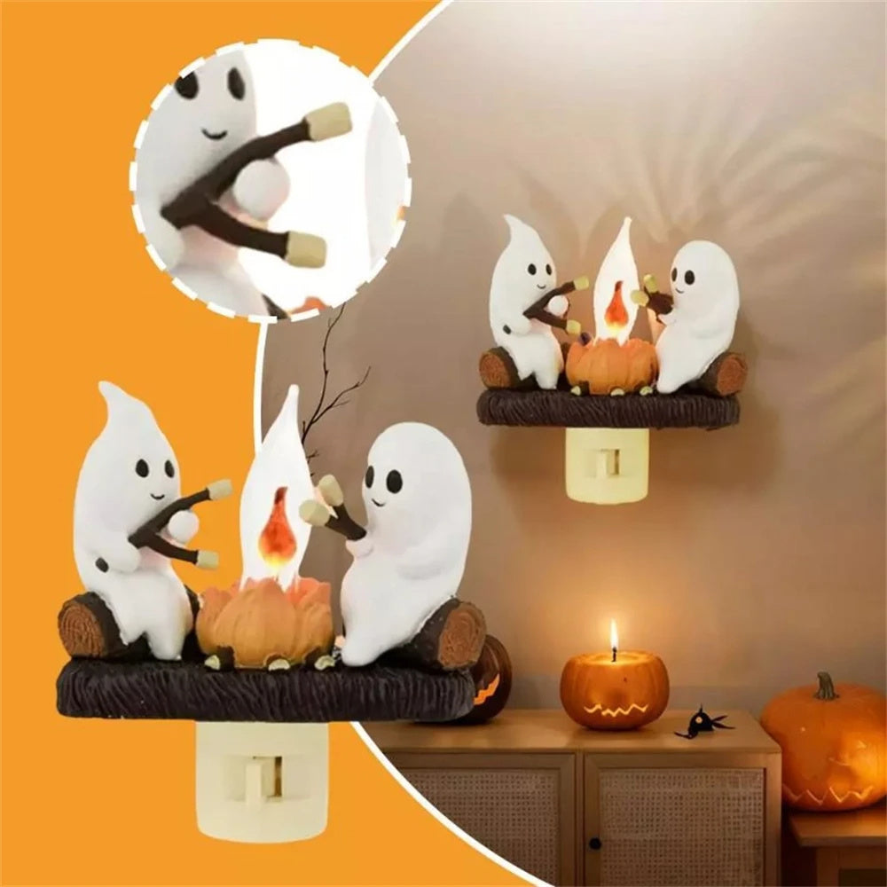 2024 Halloween Ghost Campfire Flickering Nightlight - Two Ghosts Roasting Marshmallows - Spooky Plug-in Wall Night Light for Halloween Decor"