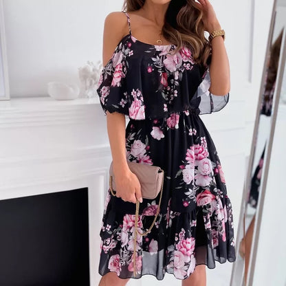 Flower Printed Ruffled Suspender Dress Summer Off-the-shoulder Strap Dresses Women touchydesign