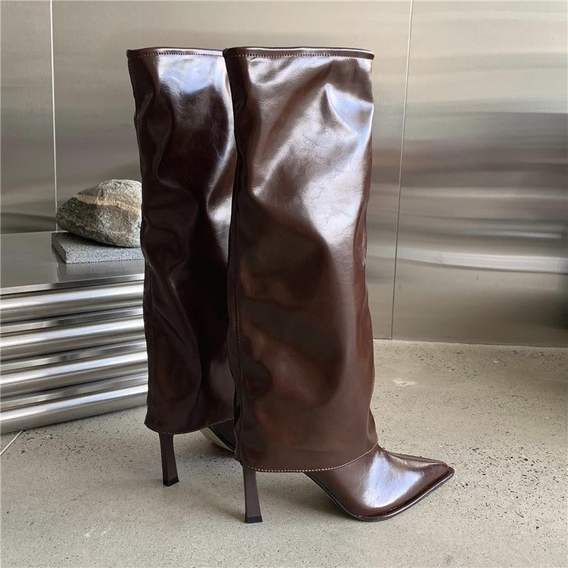 Patent Leather Pantyhose Boots - Pointed Toe Stiletto High Heels for Bold Elegance