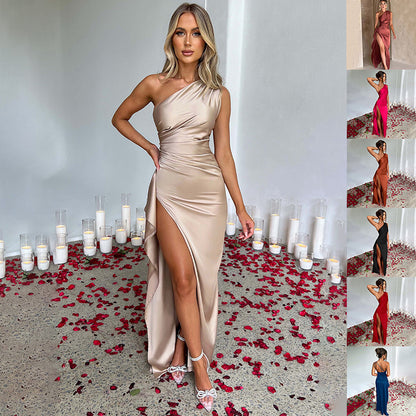 "Sexy One-Shoulder Backless Slit Dress in Satin for Women - Elegant Slim-Fit Summer Evening Wear"