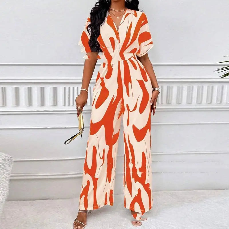 Printed Jumpsuit V-neck Loose Printed Long Jumpsuit TouchyDesign