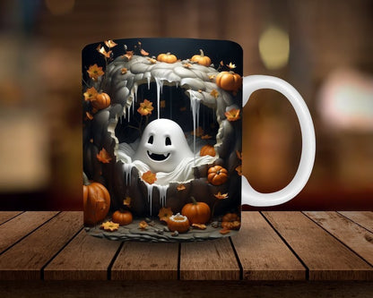 "Halloween Pumpkin Ceramic Coffee Mug with spooky fall design, festive Halloween-themed coffee mug, durable ceramic, perfect for coffee lovers."