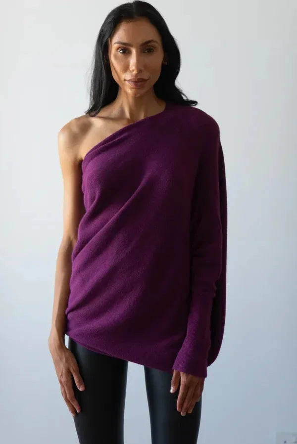 Women's Off-Shoulder Batwing Sleeve Sweater - Solid Color Round Neck Pullover for Fall Fashion