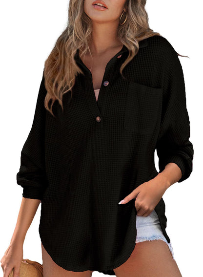 Women's waffle knit long sleeve top - loose fit for a chill, casual style. Cozy and comfortable oversized shirt perfect for relaxed wear