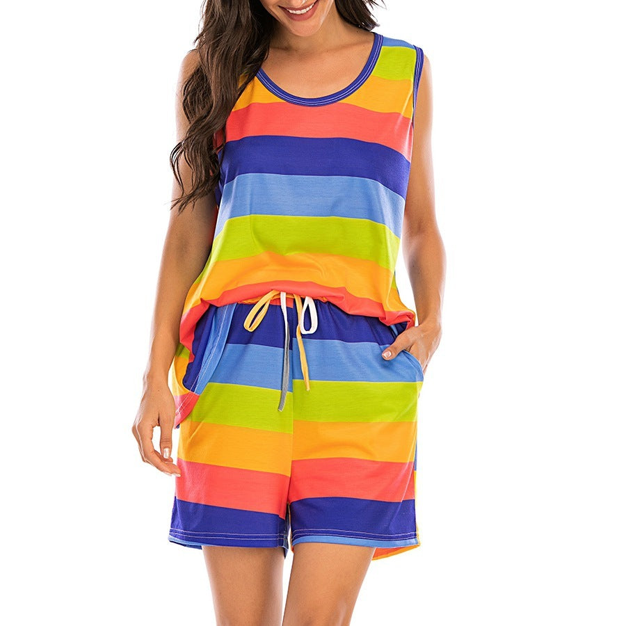 Womens Rainbow Stripes Short Sleeve Pajama Set Night Lounge Top Short touchydesign