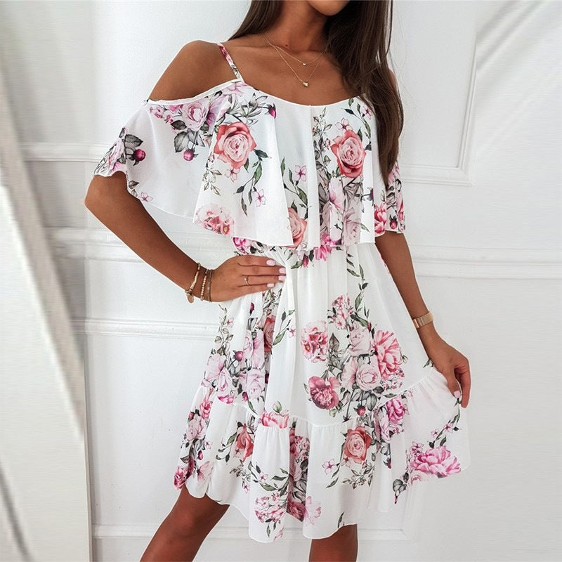 Flower Printed Ruffled Suspender Dress Summer Off-the-shoulder Strap Dresses Women touchydesign