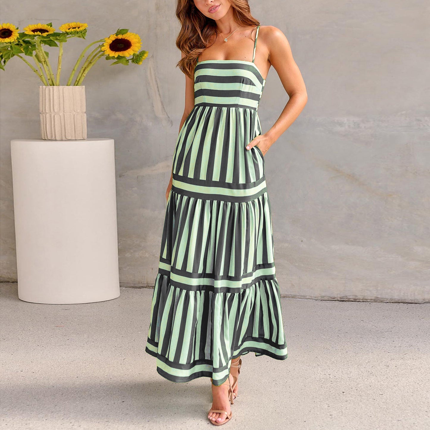 Summer Striped Printed Suspender Long Dress With Pockets Fashion Square Neck Backless Dresses For Beach Vacation Women Clothing touchydesign