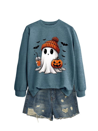 Fashionable long sleeve crew neck sweatshirt in milk tea color with pumpkin and bat print, perfect for fall and Halloween.