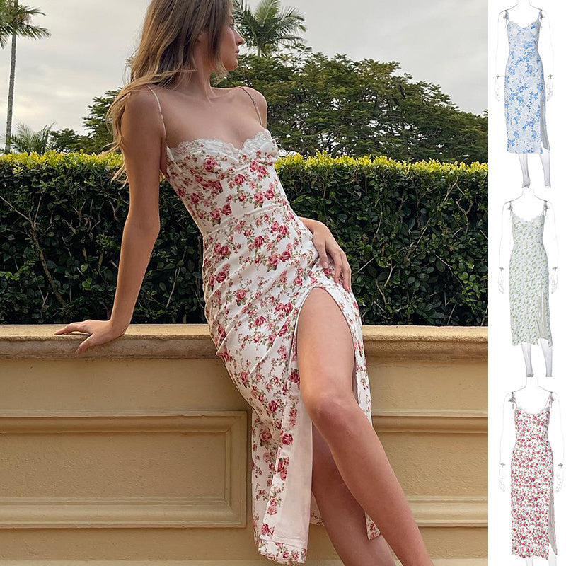 Lace Flowers Print Long Dress Sexy Fashion Slit Suspender Dress Summer Womens Clothing touchydesign