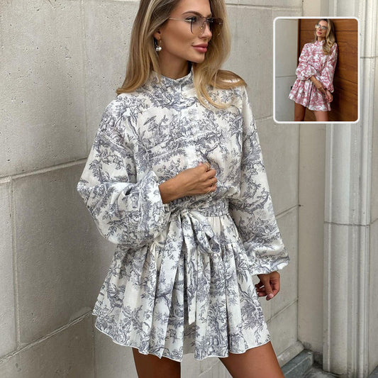 Ink Print Long Sleeve Short Dress with Puffy Sleeves, Lapel Tie, and A-Line Silhouette - Trendy Women's Fashion