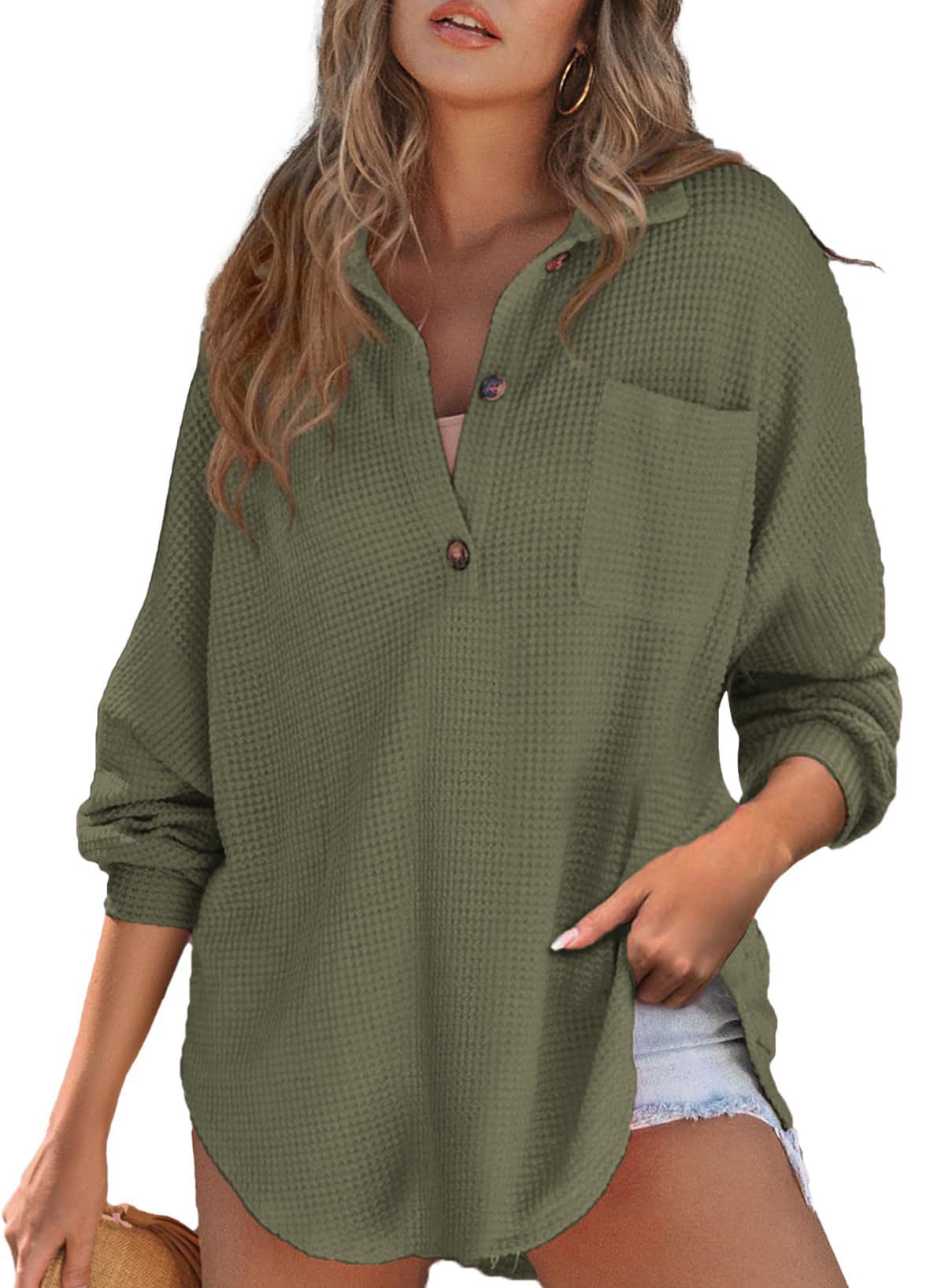 Women's waffle knit long sleeve top - loose fit for a chill, casual style. Cozy and comfortable oversized shirt perfect for relaxed wear