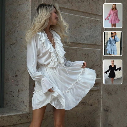 Women's Y2K V-Neck Pleated Ruffle Long Sleeve Dress with Flared Sleeves - Trendy Short Dress for Modern Fashion