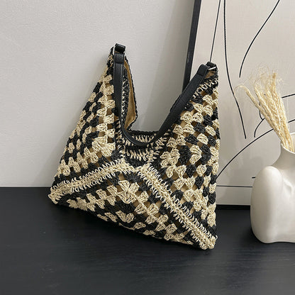 Women's Fashion Handmade Straw Woven Hollow Contrast Color Weave Shoulder Bag touchydesign