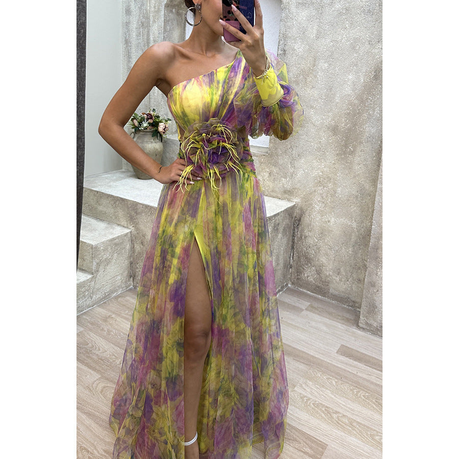 Mesh Tie-dye Printed Off-shoulder Slit Dress Summer INS Fashion Long Dress Party Womens Clothing touchydesign