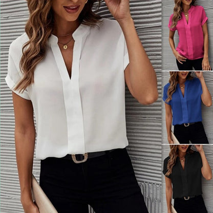 Women's Short-sleeved V-neck Shirt Summer Casual Solid Color Shirt Fashion Womens Clothing touchydesign