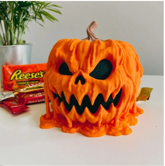 
"Melting Halloween Pumpkin Candy Bowl with eerie dripping design, perfect for trick-or-treat candy display, Halloween decor, spooky pumpkin bowl."