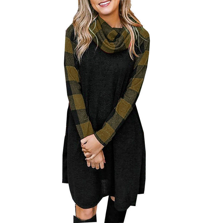 "Women's Check Print Panel Long Sleeve Dress in trendy plaid pattern, perfect for casual and chic fall fashion, available in various sizes."