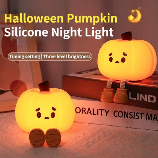 "Soft silicone Halloween pumpkin night light, perfect for kids' room decor, dimmable and rechargeable."