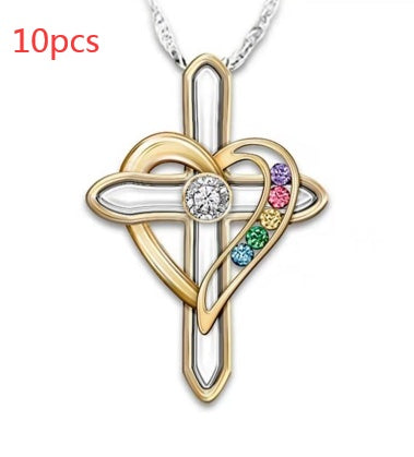 Cross Love Colorful Imitatio Gemstone Pendant Alloy Clavicle Chain touchydesign