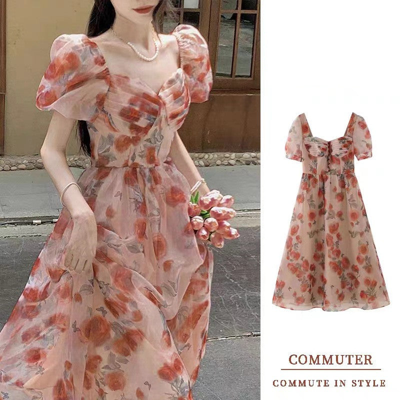 Square-neck Cinched Slimming Floral Dress touchydesign