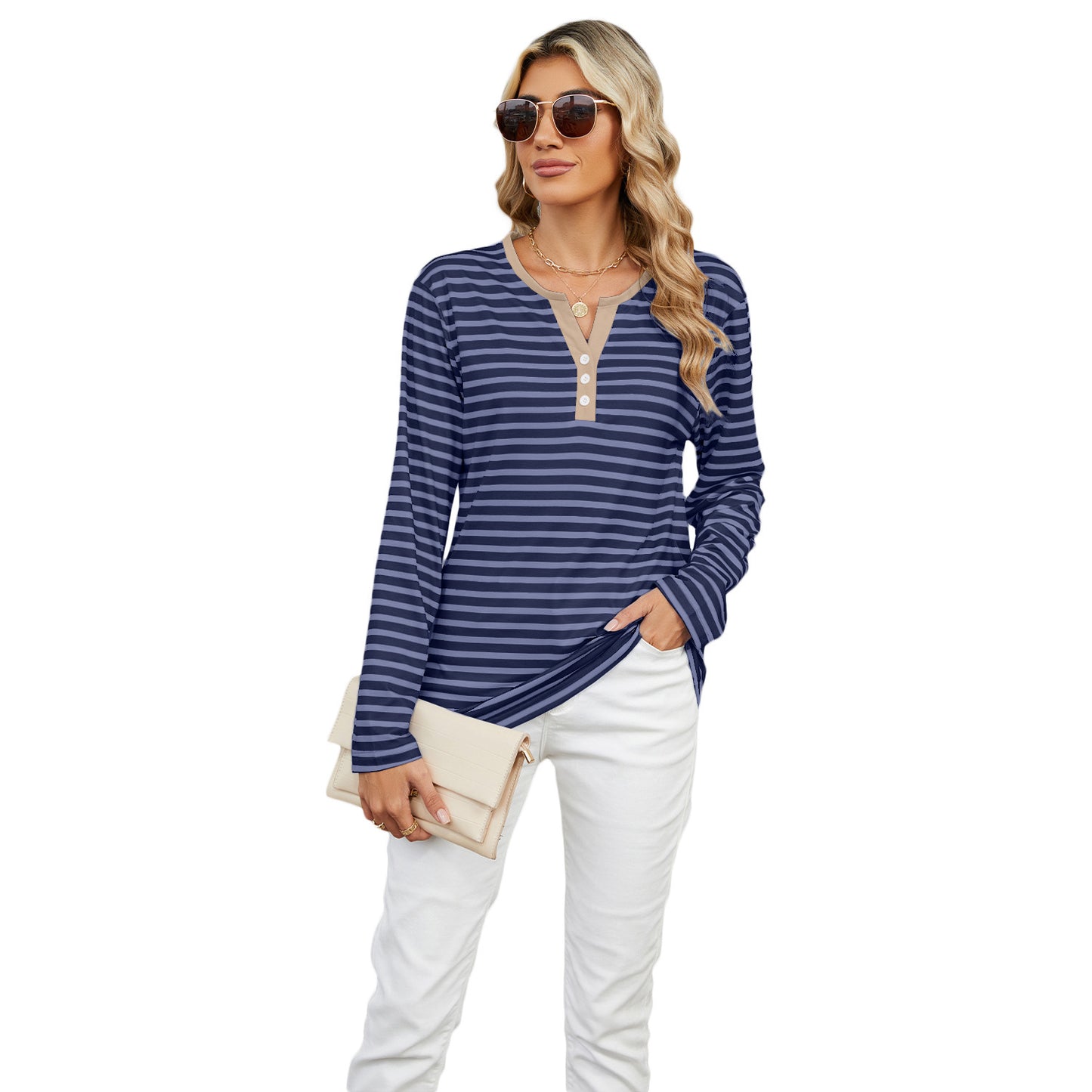 Women's V-neck striped long-sleeve T-shirt with a loose fit. Casual and comfortable top for everyday wear."