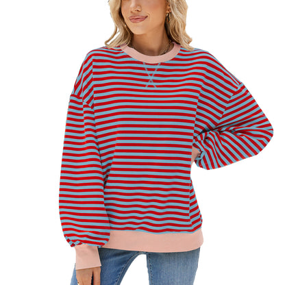 Women's Stripes Round Neck Contrast Color Loose Long Sleeve Sweatershirt