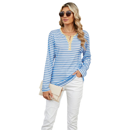 Women's V-neck striped long-sleeve T-shirt with a loose fit. Casual and comfortable top for everyday wear."