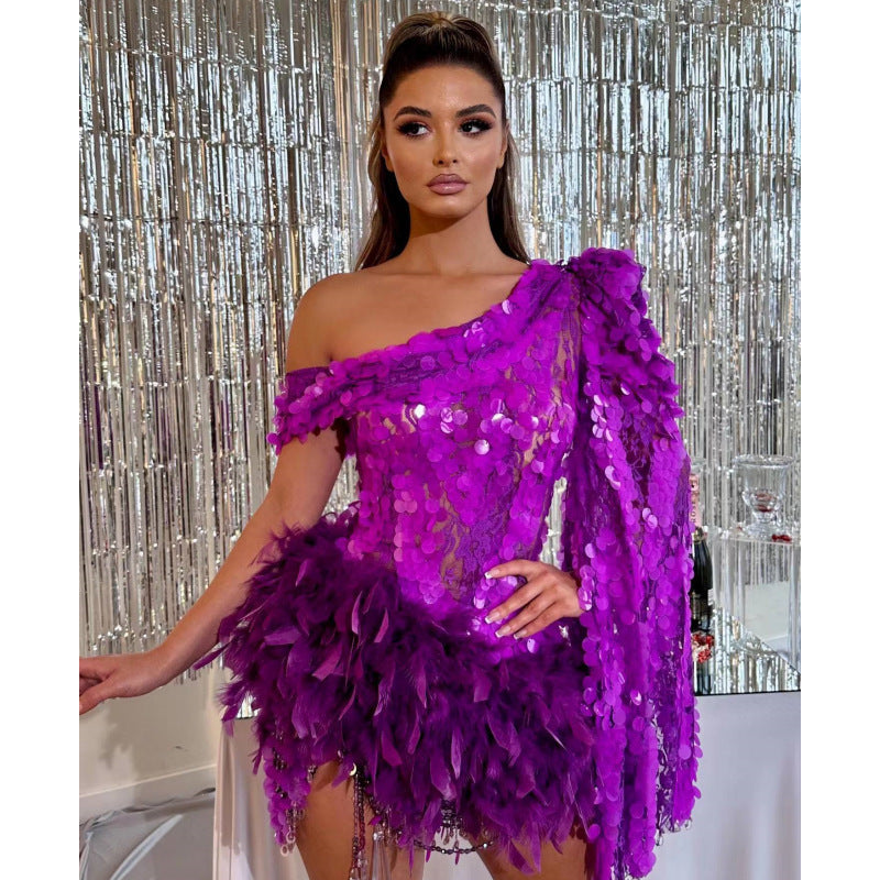 Purple Sequined Feather Skirt One-shoulder Sleeve Short Dress Luxury Party Stage Performance Dress touchydesign