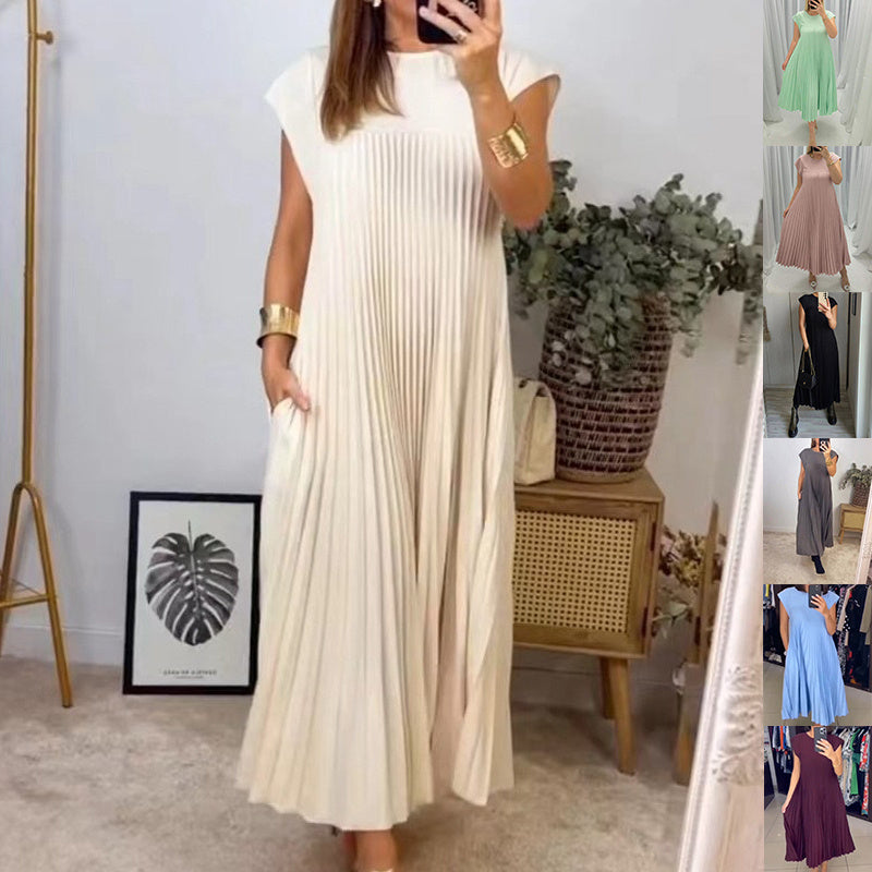 Short Sleeve Pleated Long Dress Summer Round Neck Dress Women's Clothing touchydesign