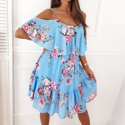 Flower Printed Ruffled Suspender Dress Summer Off-the-shoulder Strap Dresses Women touchydesign