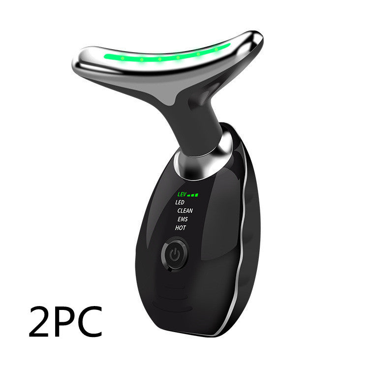 Colorful LED photon therapy beauty device for neck and face - tightens skin, reduces double chin, and smooths wrinkles. Anti-aging lifting massager for youthful appearance.