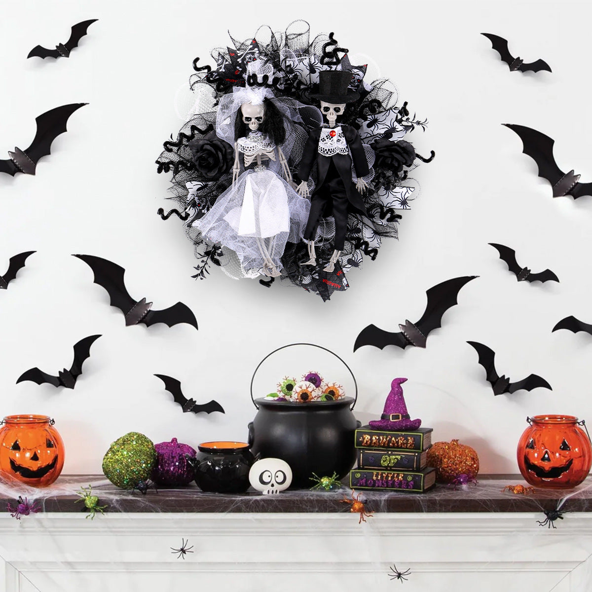 Halloween Skull Bride and Groom Mesh Garland featuring horror-themed decorations. Perfect for adding a chilling touch to your Halloween decor.