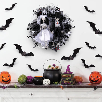 Halloween Skull Bride and Groom Mesh Garland featuring horror-themed decorations. Perfect for adding a chilling touch to your Halloween decor.