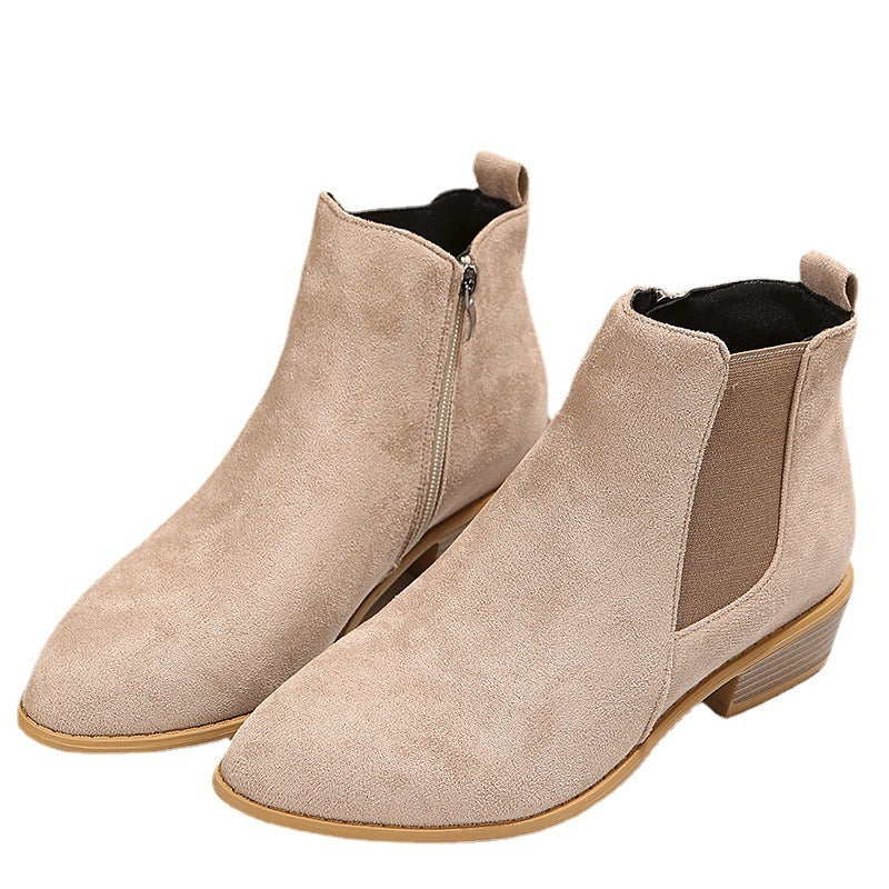 Pointed suede single shoes for women with an elastic band and thick heel, offering a stylish and comfortable design for casual wear.