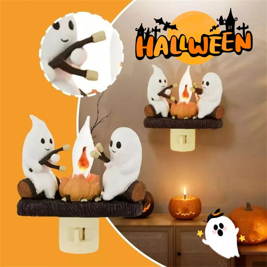 2024 Halloween Ghost Campfire Flickering Nightlight - Two Ghosts Roasting Marshmallows - Spooky Plug-in Wall Night Light for Halloween Decor"