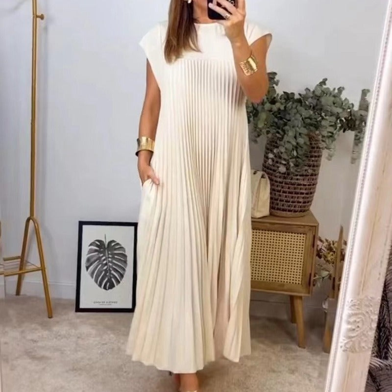 Short Sleeve Pleated Long Dress Summer Round Neck Dress Women's Clothing touchydesign