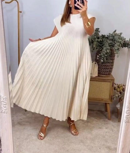 Short Sleeve Pleated Long Dress Summer Round Neck Dress Women's Clothing touchydesign