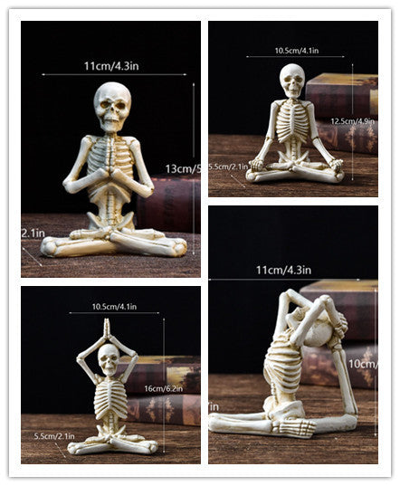 Halloween horror yoga skull skeleton resin ornaments, perfect for spooky desktop decorations or eerie home decor, featuring detailed skeleton modeling