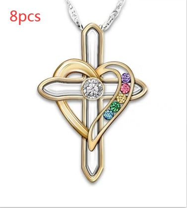 Cross Love Colorful Imitatio Gemstone Pendant Alloy Clavicle Chain touchydesign