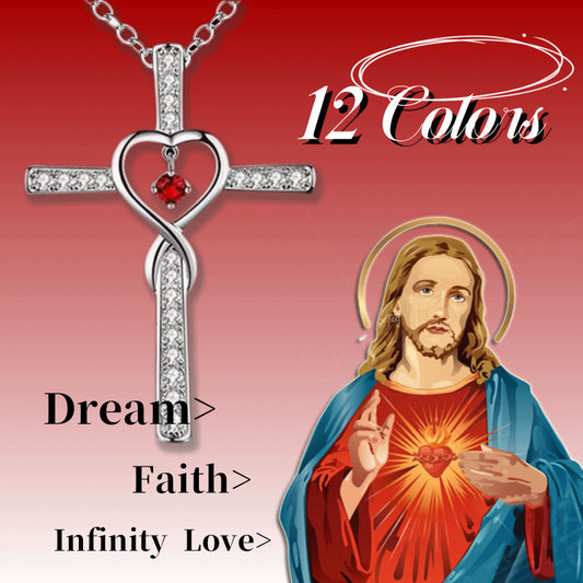 Infinity Love God We Trust Christian Cross Birthstone Crystal Pendant Necklace Colour Gems Zircon Heart Necklace Women Jewelry touchydesign