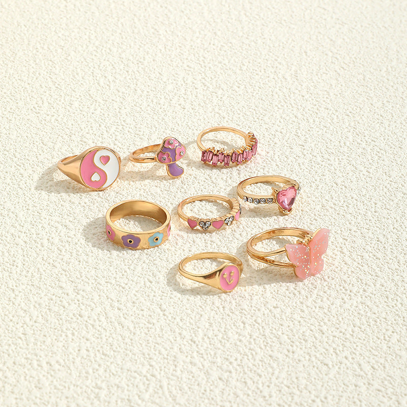 8pcs pink gold stackable bohemian midi ring set with cute mushroom design, perfect gift for her